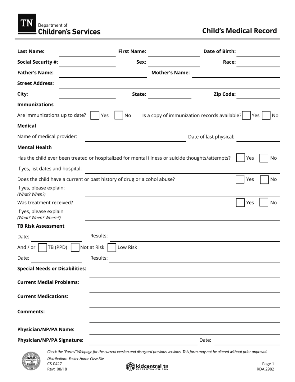 Form CS-0427 Childs Medical Record - Tennessee, Page 1