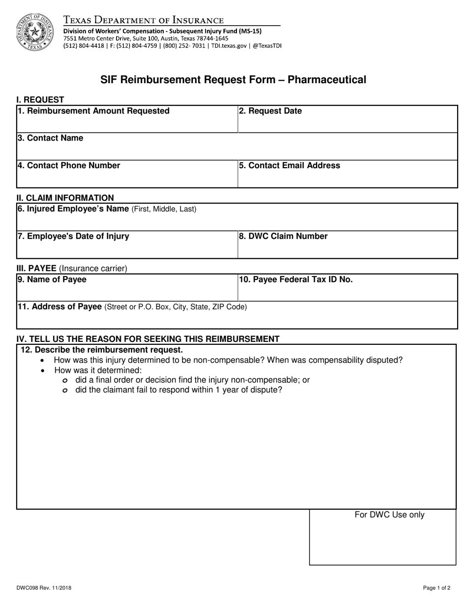 Form DWC098 Sif Reimbursement Request Form - Pharmaceutical - Texas, Page 1