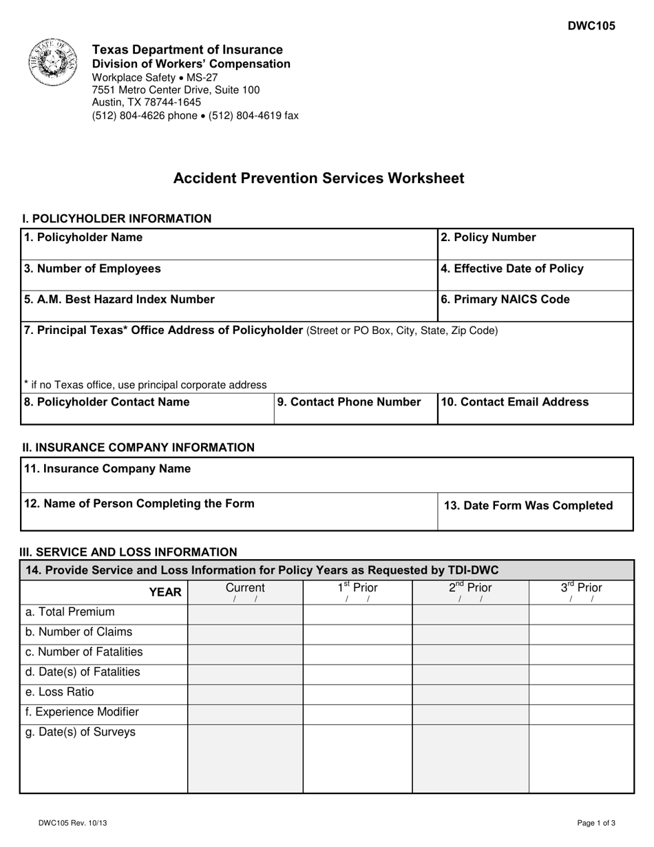 Form DWC105 Accident Prevention Services Worksheet - Texas, Page 1
