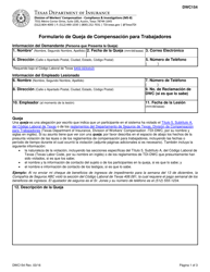 Document preview: Formulario DWC154 Formulario De Queja De Compensacion Para Trabajadores - Texas (Spanish)