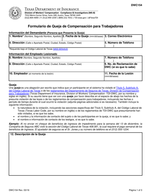 Formulario DWC154 Formulario De Queja De Compensacion Para Trabajadores - Texas (Spanish)