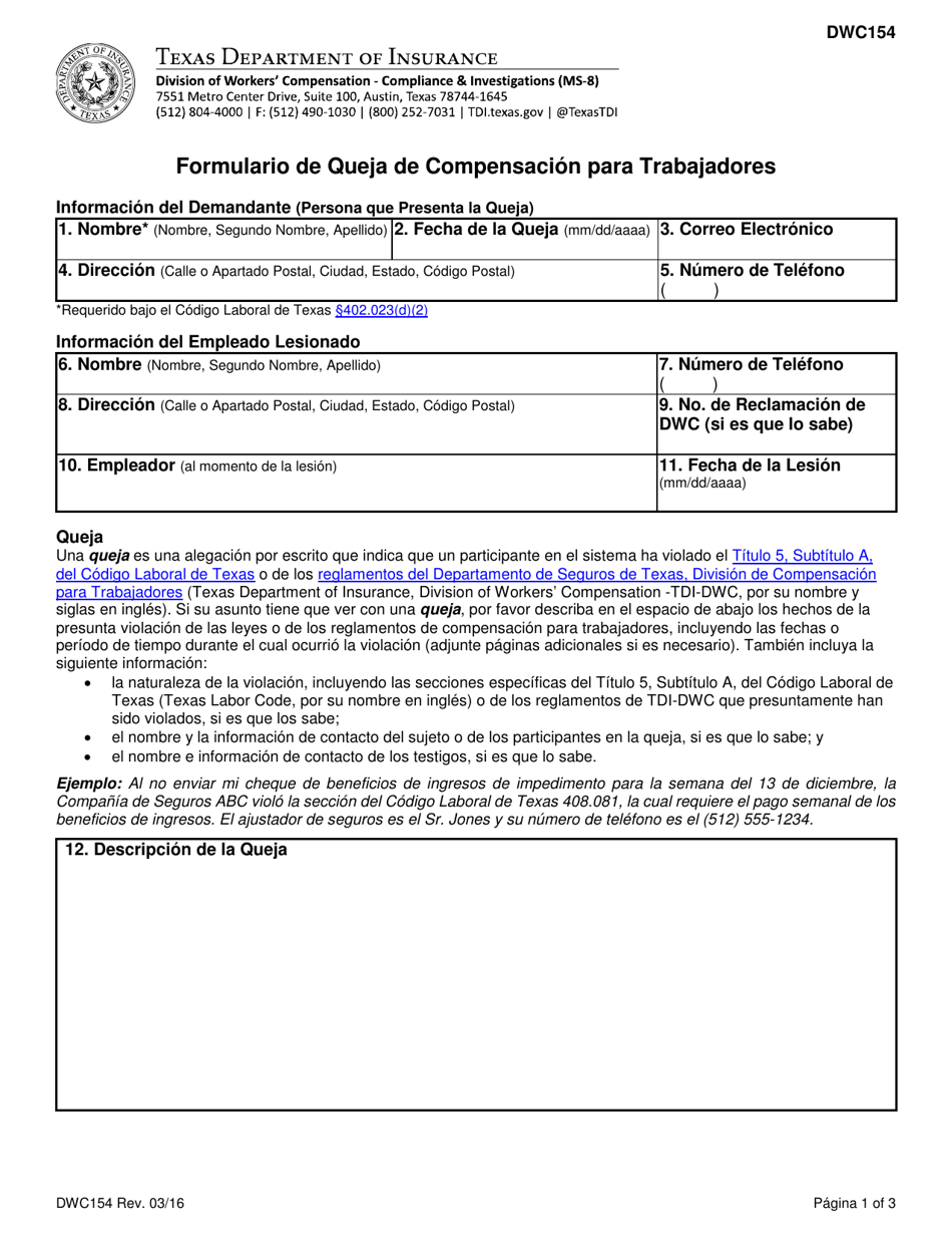 Formulario DWC154 Formulario De Queja De Compensacion Para Trabajadores - Texas (Spanish), Page 1