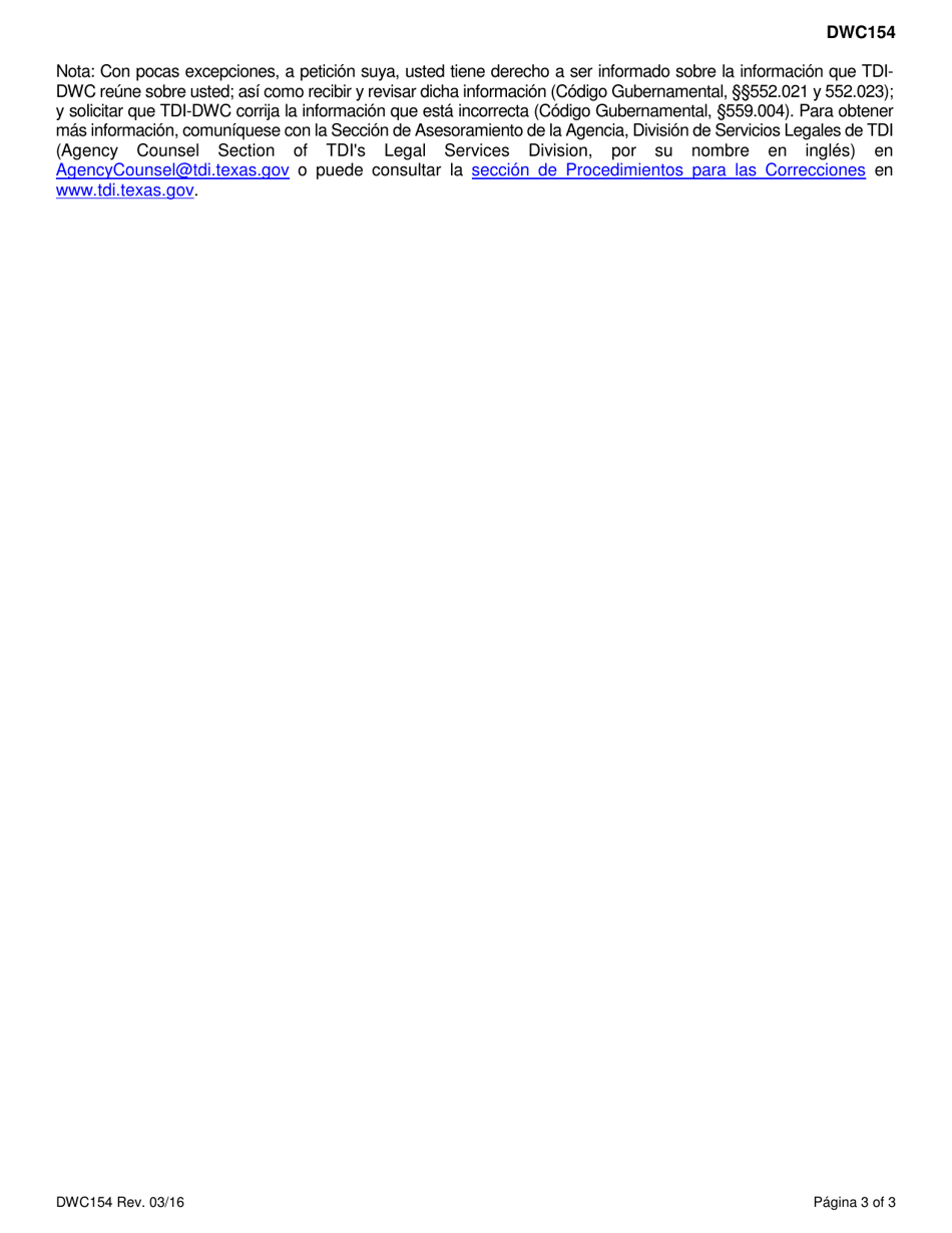 Formulario DWC154 Formulario De Queja De Compensacion Para Trabajadores - Texas (Spanish), Page 3