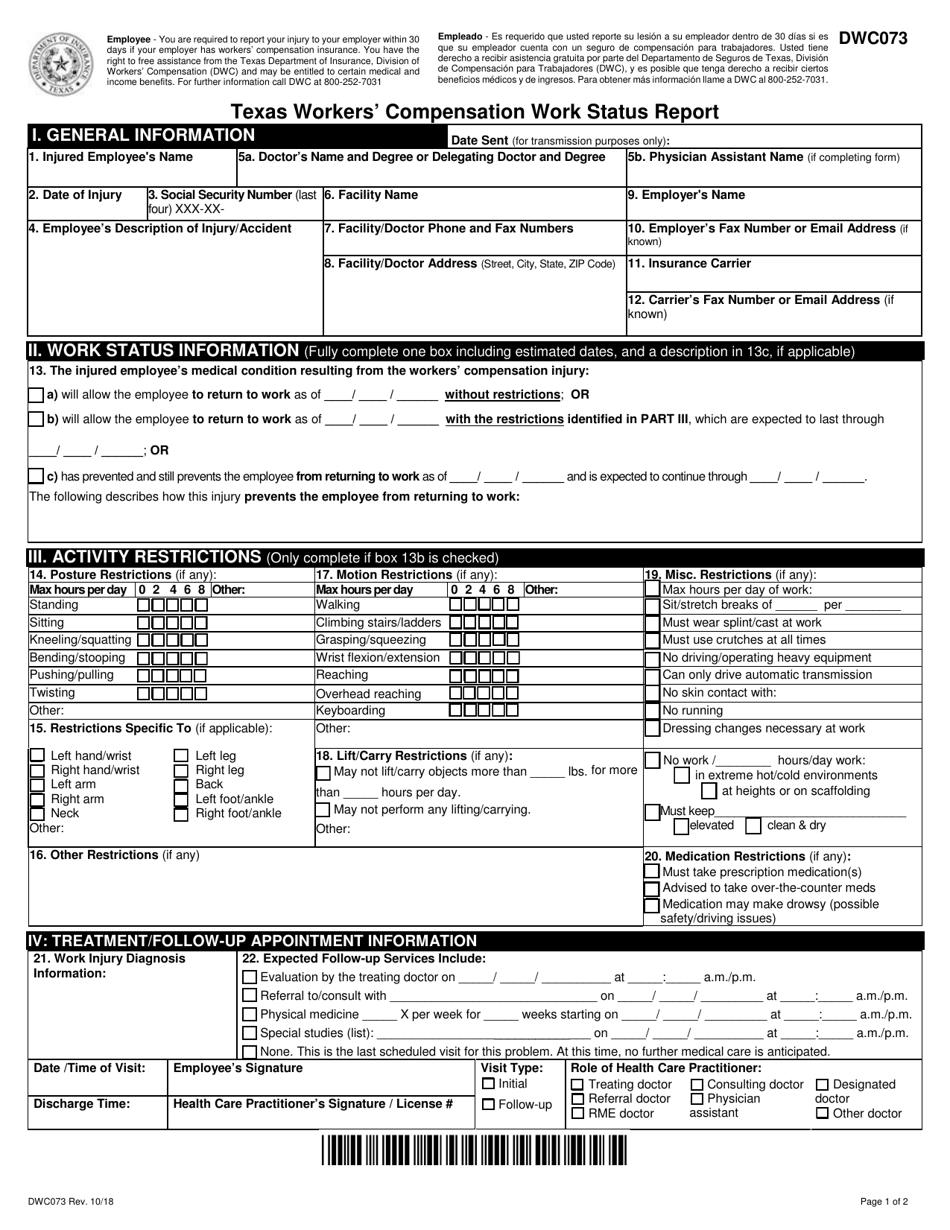 Form DWC073 Download Fillable PDF or Fill Online Texas Workers' Compensation Work Status Report
