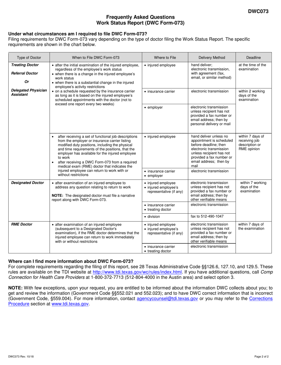 Form DWC073 Texas Workers Compensation Work Status Report - Texas, Page 2