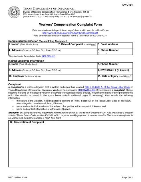 Form DWC154 Download Fillable PDF or Fill Online Workers
