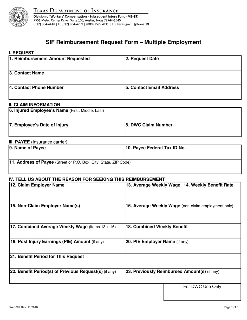 Form DWC097 Sif Reimbursement Request Form - Multiple Employment - Texas, Page 1
