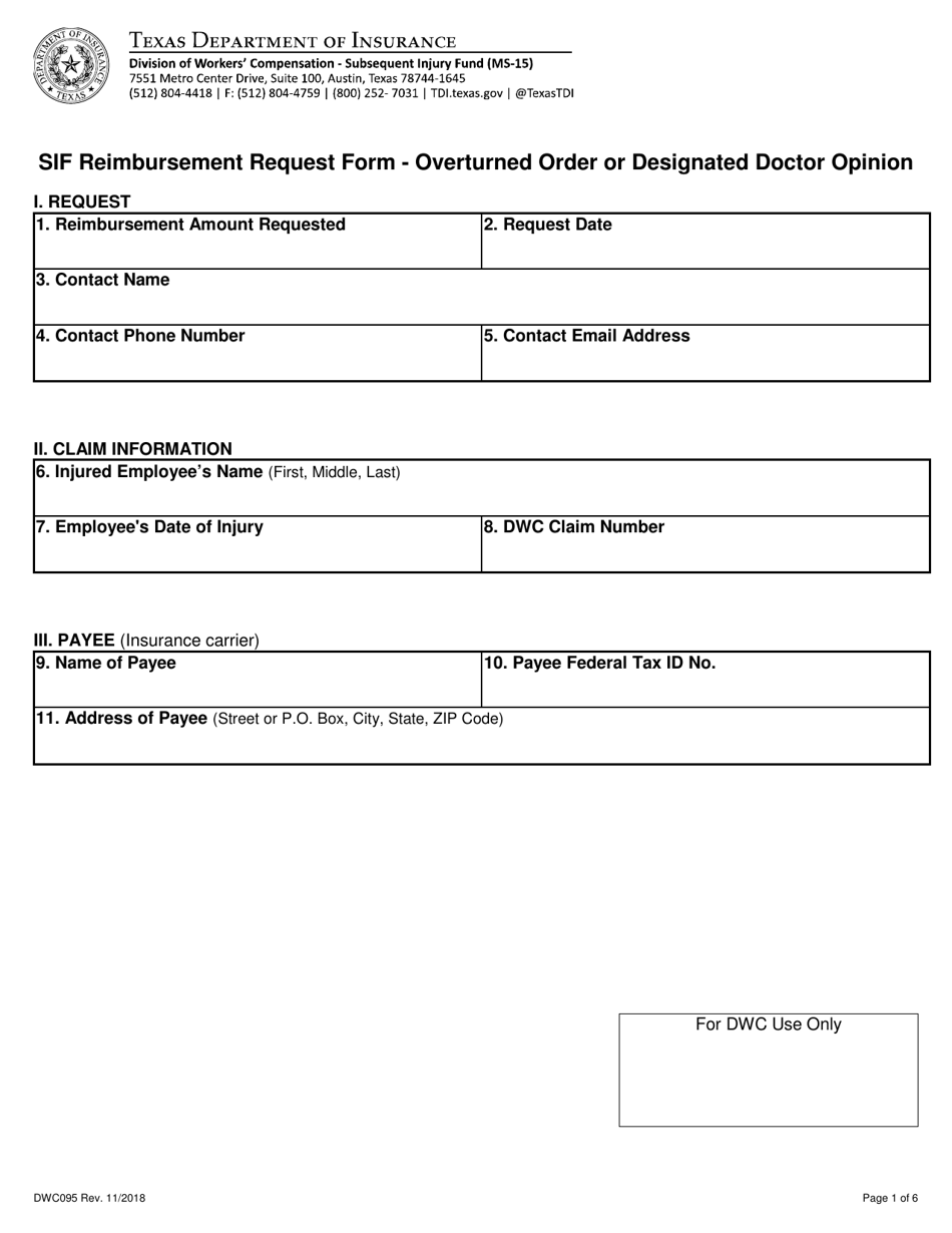 Form DWC095 Sif Reimbursement Request Form - Overturned Order or Designated Doctor Opinion - Texas, Page 1