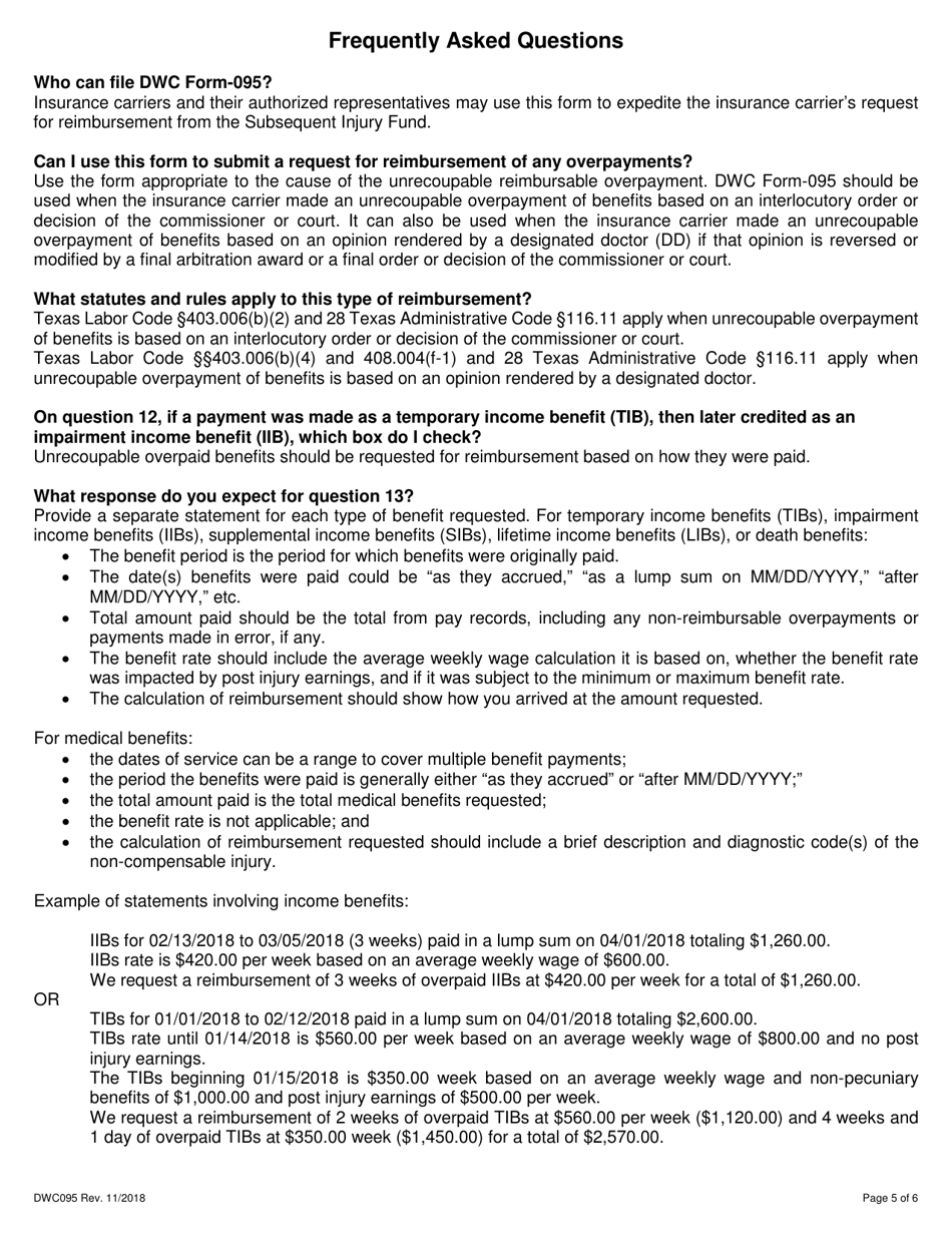 Form DWC095 Sif Reimbursement Request Form - Overturned Order or Designated Doctor Opinion - Texas, Page 5