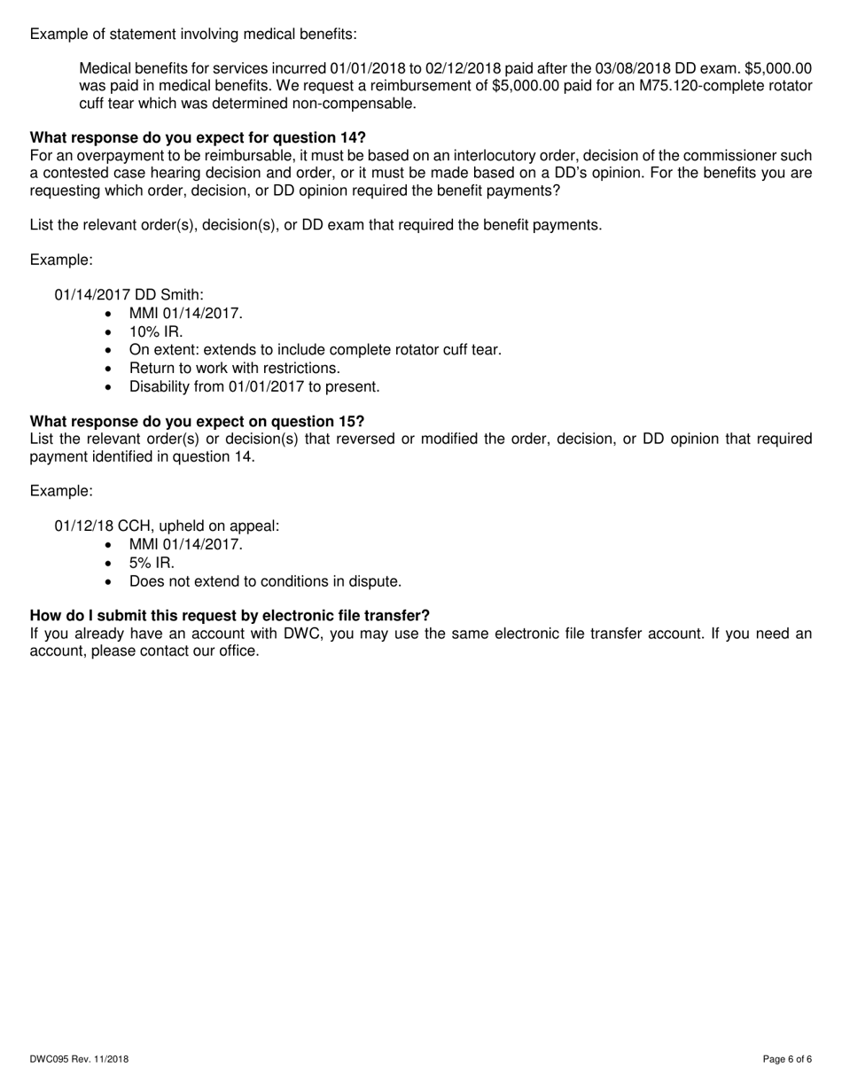 Form DWC095 Sif Reimbursement Request Form - Overturned Order or Designated Doctor Opinion - Texas, Page 6