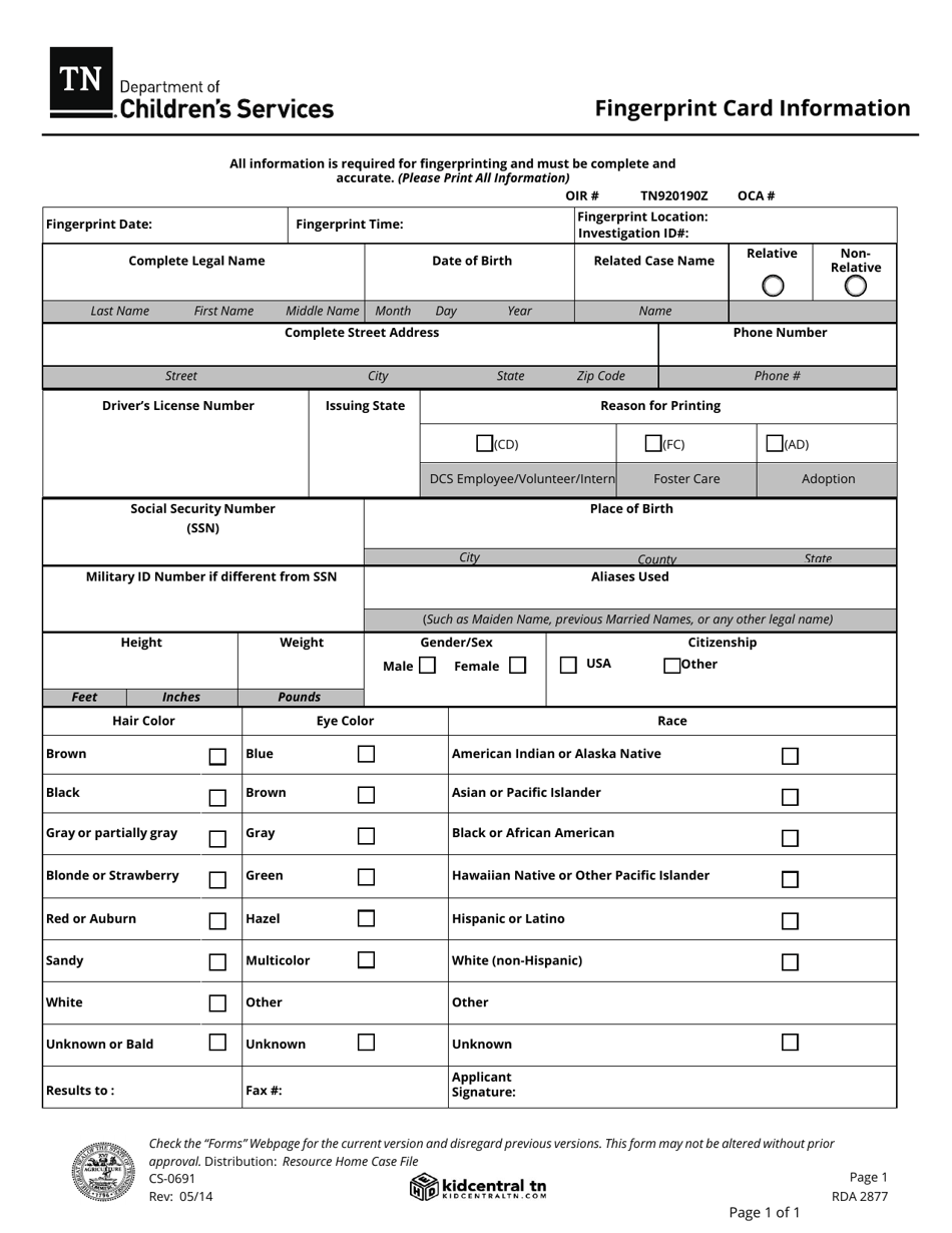 Form CS-0691 Fingerprint Card Information - Tennessee, Page 1