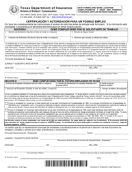 Document preview: Formulario DWC156S Certificacion Y Autorizacion Para Un Posible Empleo - Texas (Spanish)