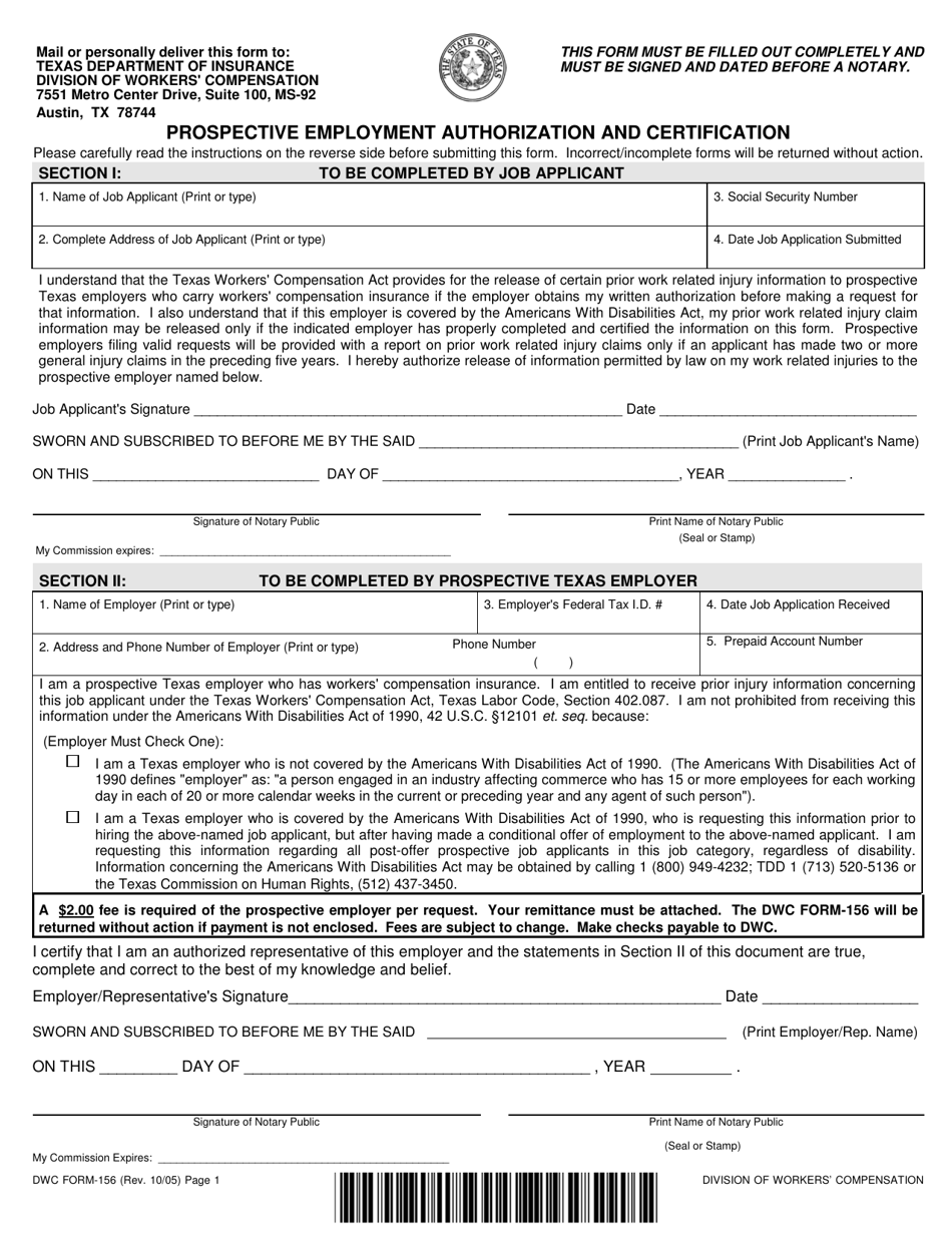 Form DWC156 Prospective Employment Authorization and Certification - Texas, Page 1