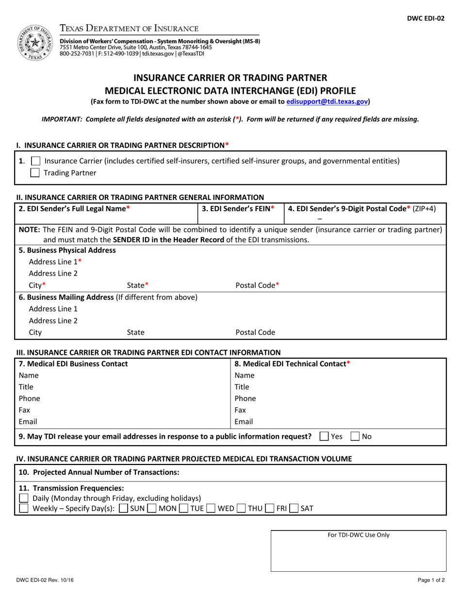 Form DWC EDI-02 Insurance Carrier or Trading Partner Medical Electronic Data Interchange (Edi) Profile - Texas, Page 1