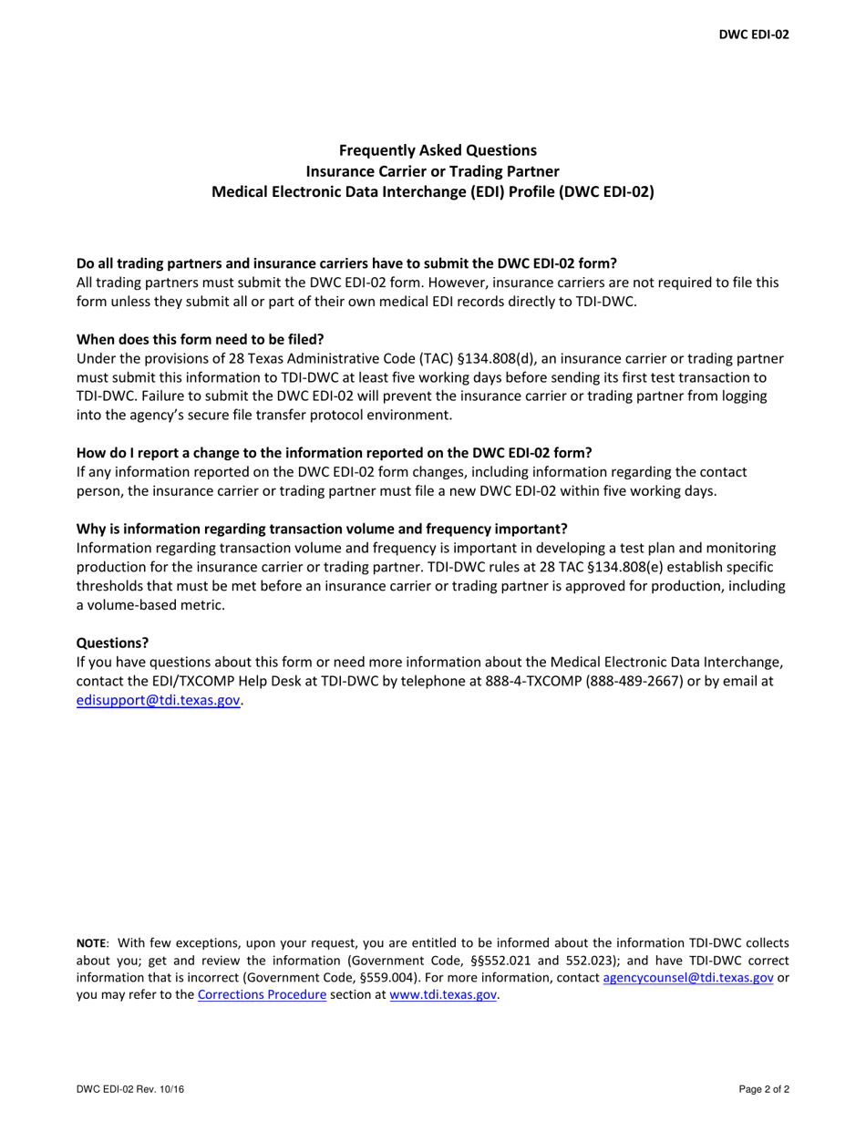 Form DWC EDI-02 Insurance Carrier or Trading Partner Medical Electronic Data Interchange (Edi) Profile - Texas, Page 2