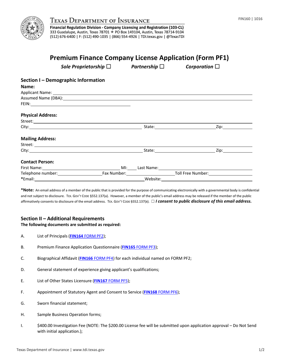 Form PF1 Premium Finance Company License Application - Texas, Page 1