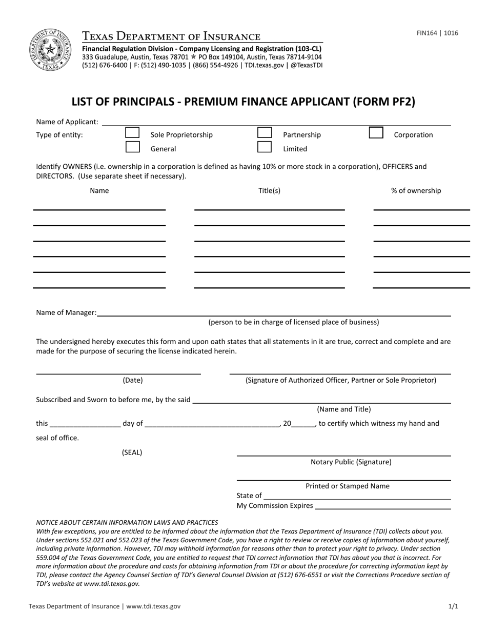 Form PF2 List of Principals - Premium Finance Applicant - Texas, Page 1