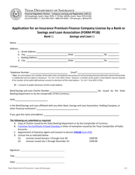 Form PF1B (FIN162) Application for an Insurance Premium Finance Company License by a Bank or Savings and Loan Association - Texas