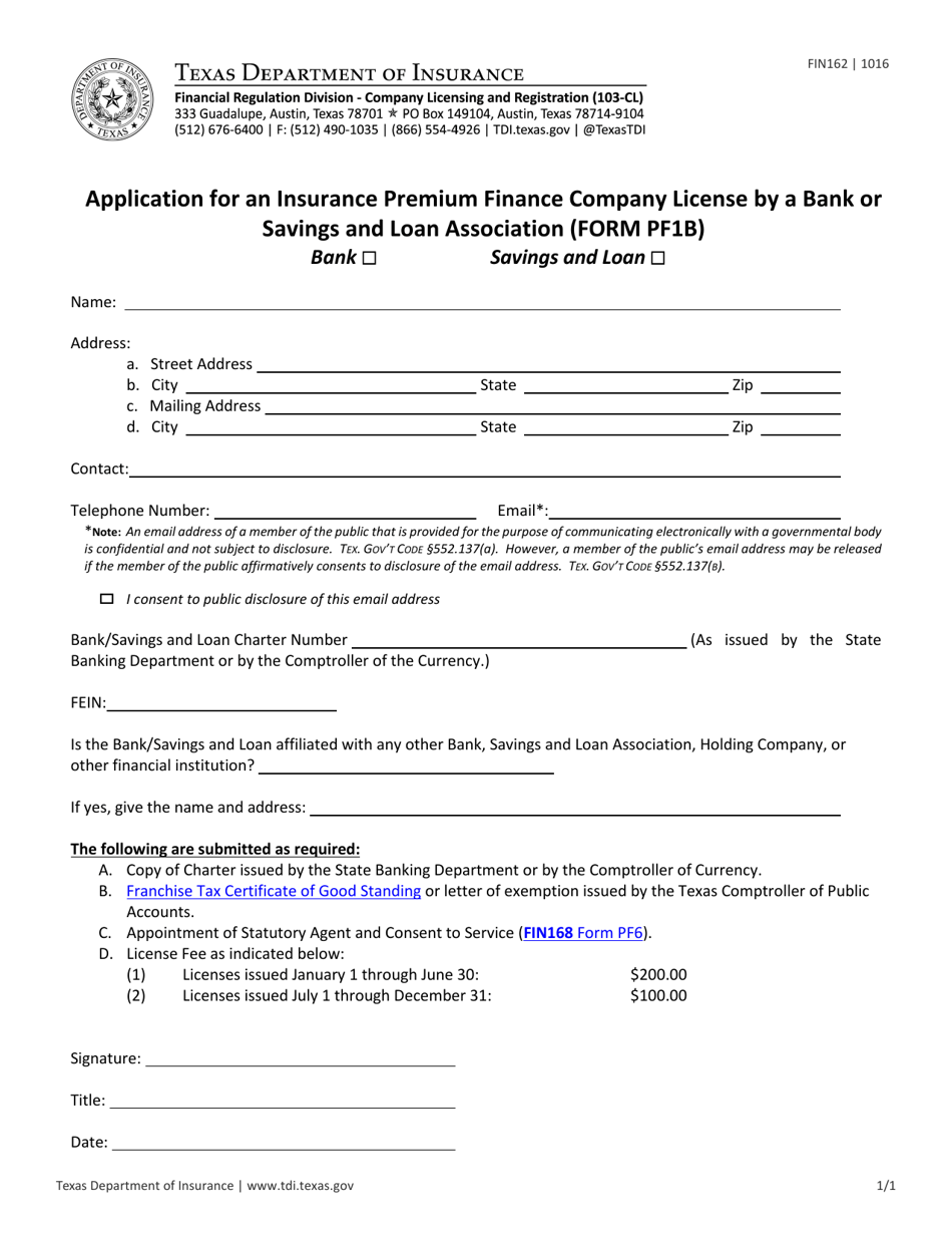 Form PF1B (FIN162) Download Fillable PDF or Fill Online Application for an Insurance Premium ...