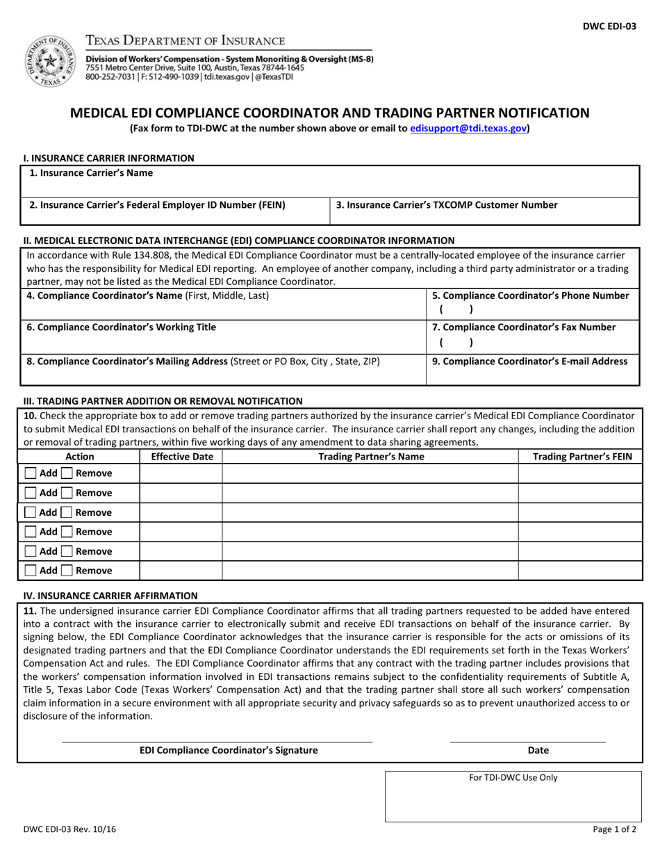 Form DWC EDI-03 Medical Edi Compliance Coordinator and Trading Partner Notification - Texas, Page 1