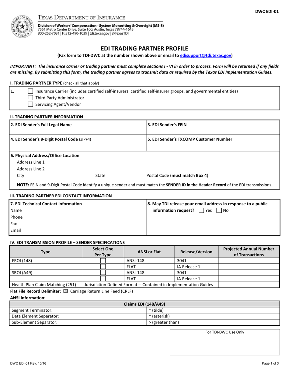 Form DWC EDI-01 Edi Trading Partner Profile - Texas, Page 1