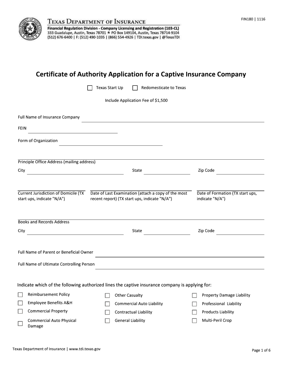 Form Fin180 - Fill Out, Sign Online And Download Fillable Pdf, Texas 