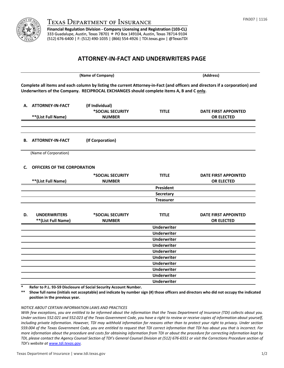 Form FIN307 Download Fillable PDF or Fill Online AttorneyInfact and Underwriters Page Texas