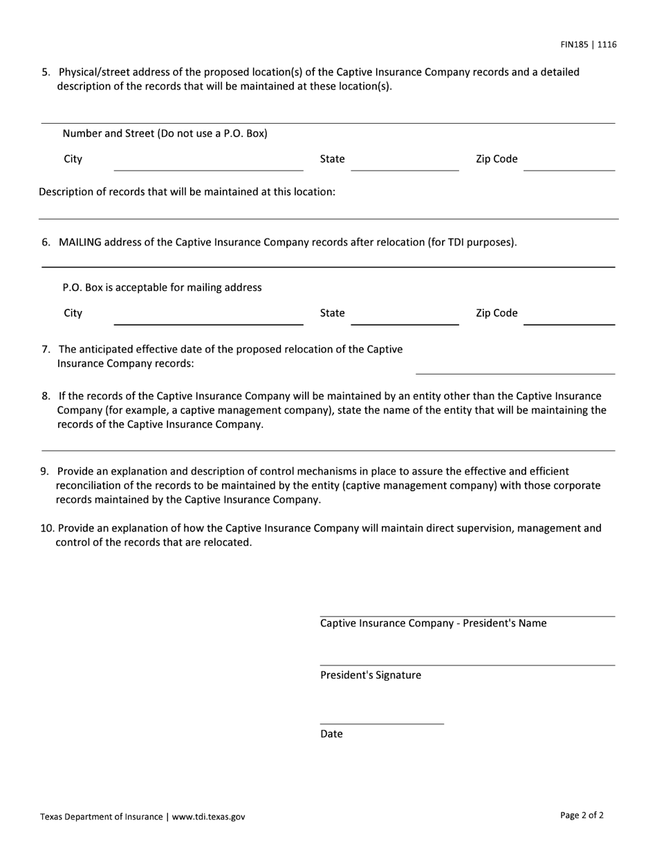 Form FIN185 Moving a Captive Insurance Companys Books and Records out of the State of Texas - Texas, Page 2