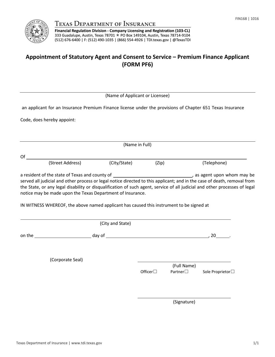 Form PF6 Appointment of Statutory Agent and Consent to Service - Premium Finance Applicant - Texas, Page 1