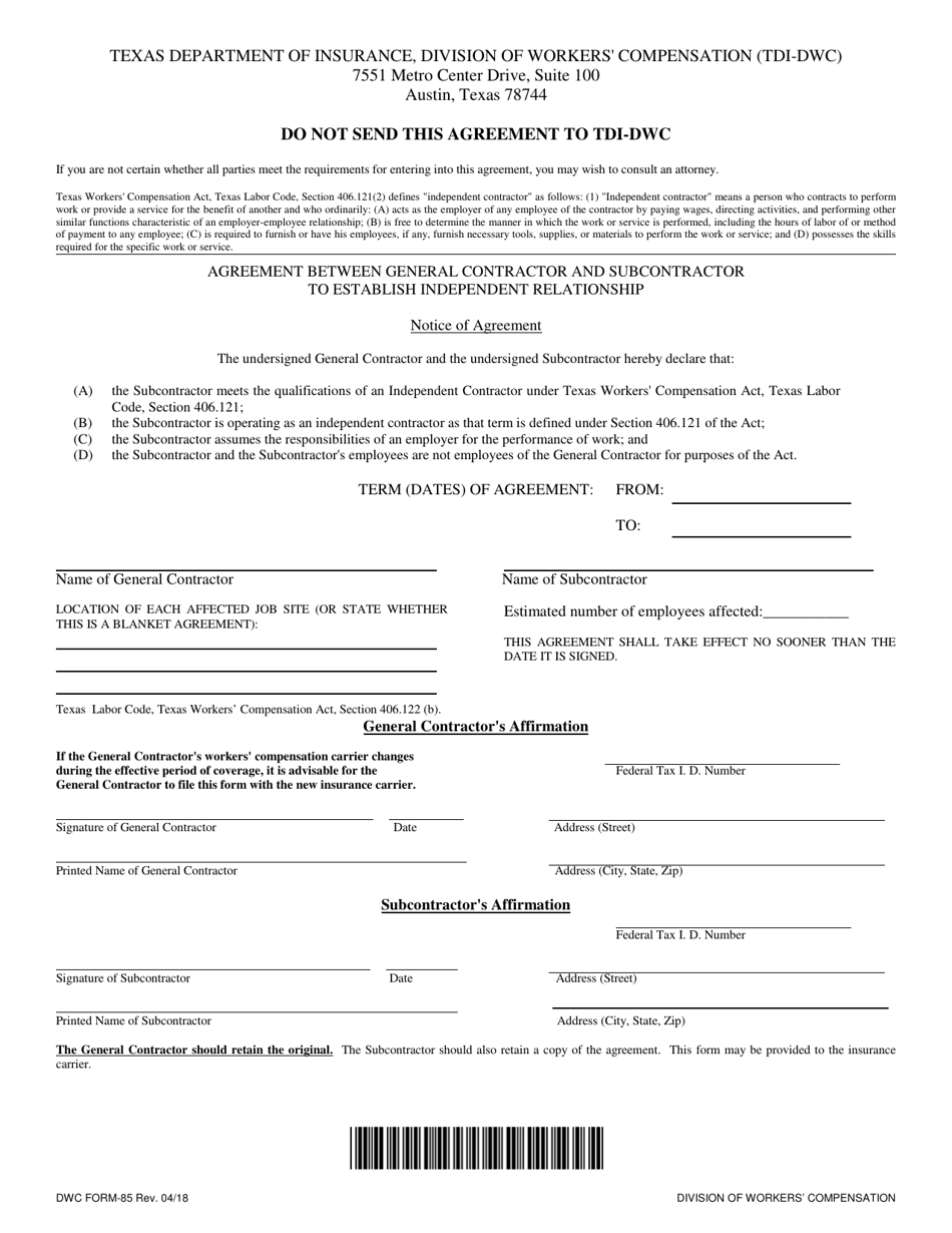 Form DWC85 Agreement Between General Contractor and Subcontractor to Establish Independent Relationship - Texas, Page 1