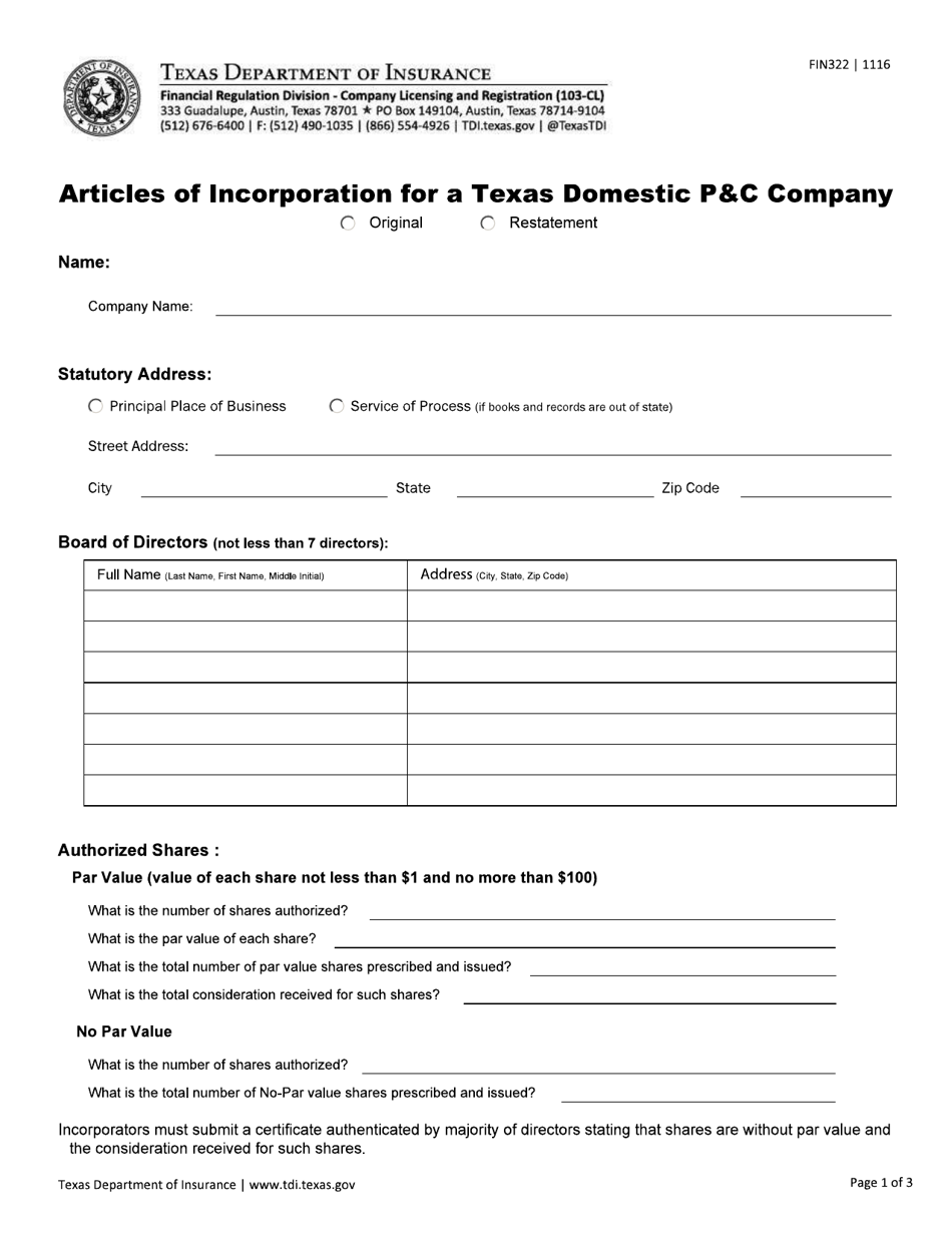 Form FIN322 Articles of Incorporation for a Texas Domestic Pc Company - Texas, Page 1