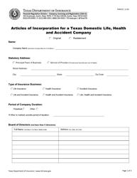 Form FIN323 &quot;Articles of Incorporation for a Texas Domestic Life, Health and Accident Company&quot; - Texas