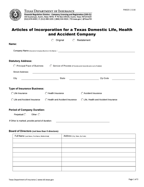 Form FIN323 Articles of Incorporation for a Texas Domestic Life, Health and Accident Company - Texas