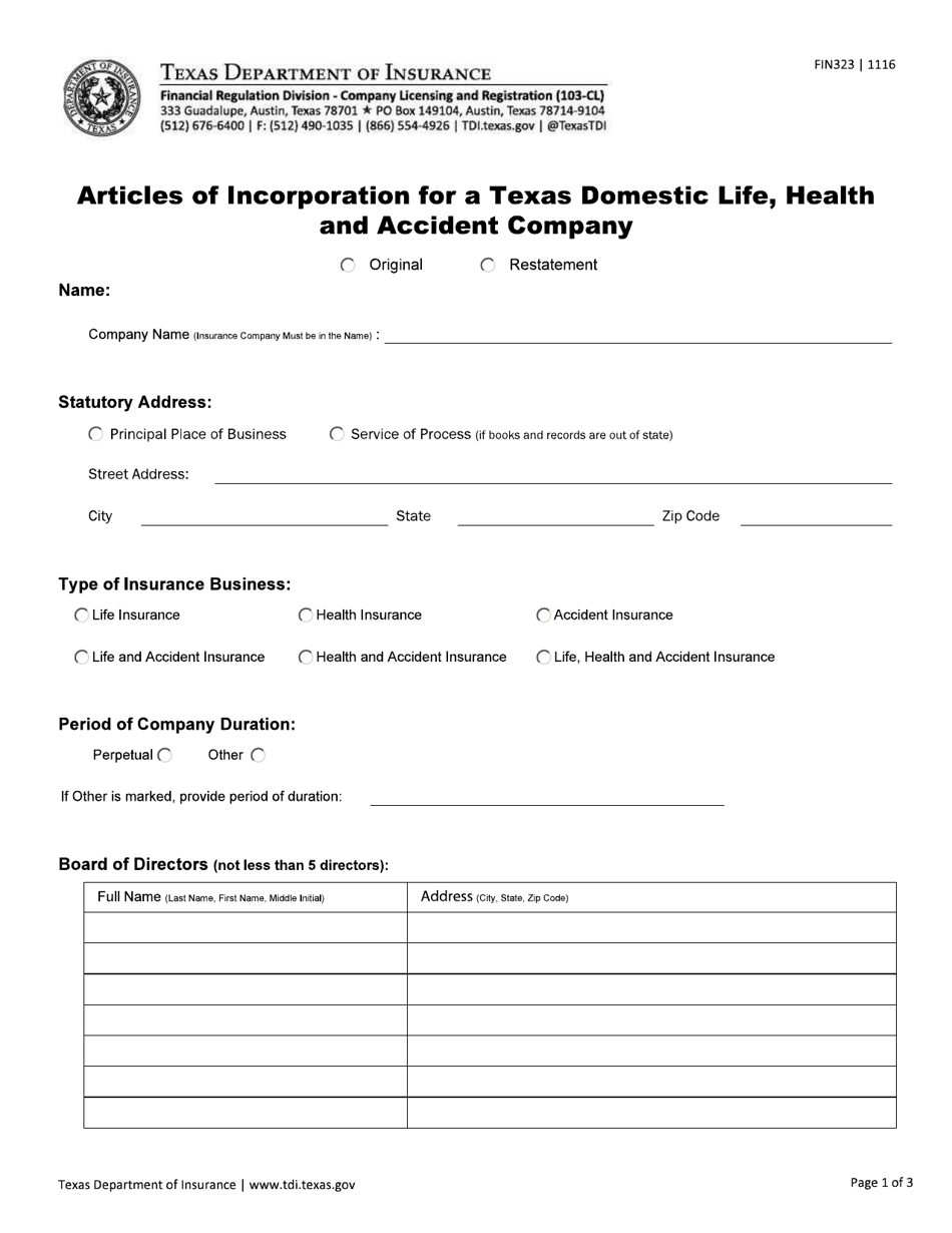 Form FIN323 Articles of Incorporation for a Texas Domestic Life, Health and Accident Company - Texas, Page 1