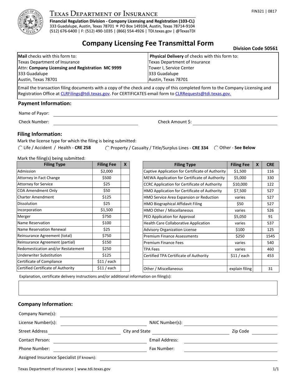 Form FIN321 Company Licensing Fee Transmittal Form - Texas, Page 1