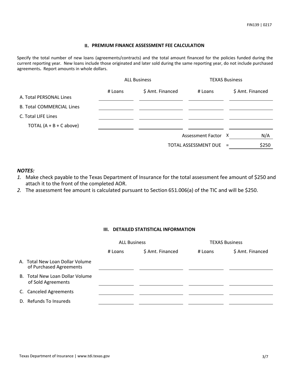 Form FIN139 Premium Finance Company Annual Operations Report - Texas, Page 3