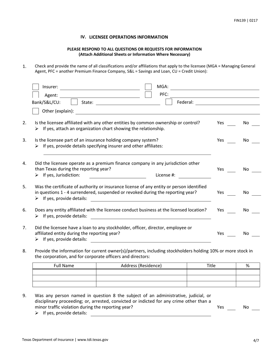 Form FIN139 Premium Finance Company Annual Operations Report - Texas, Page 4