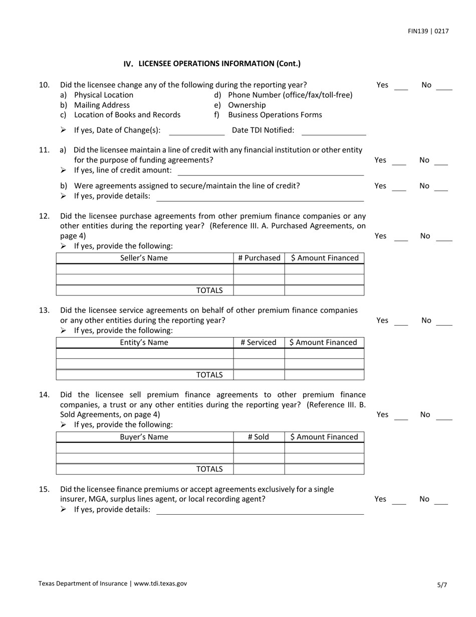 Form FIN139 Premium Finance Company Annual Operations Report - Texas, Page 5