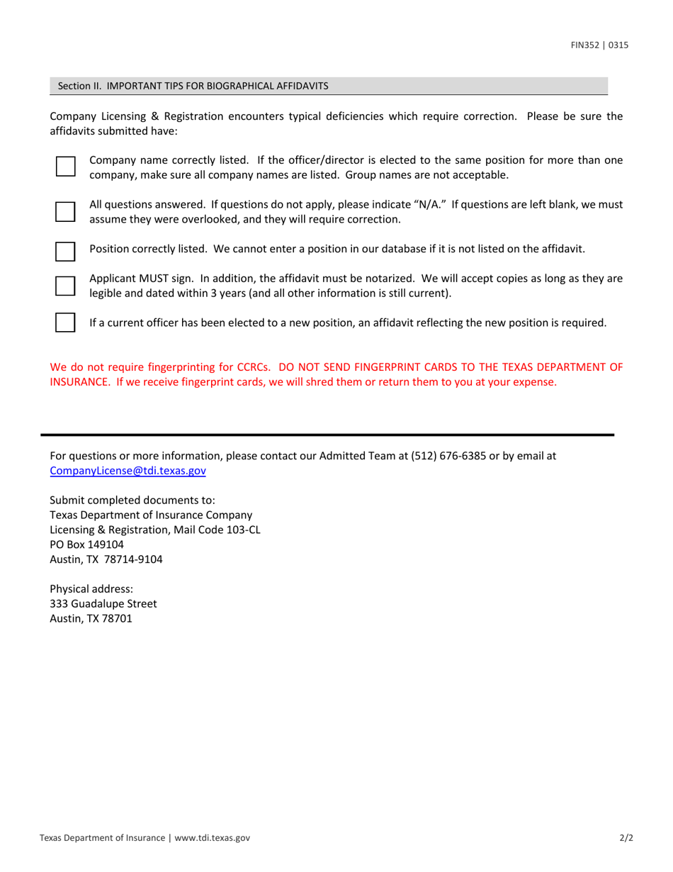 Form FIN352 Biographical Affidavit Checklist for Continuing Care Retirement Communities (Ccrcs) - Texas, Page 2