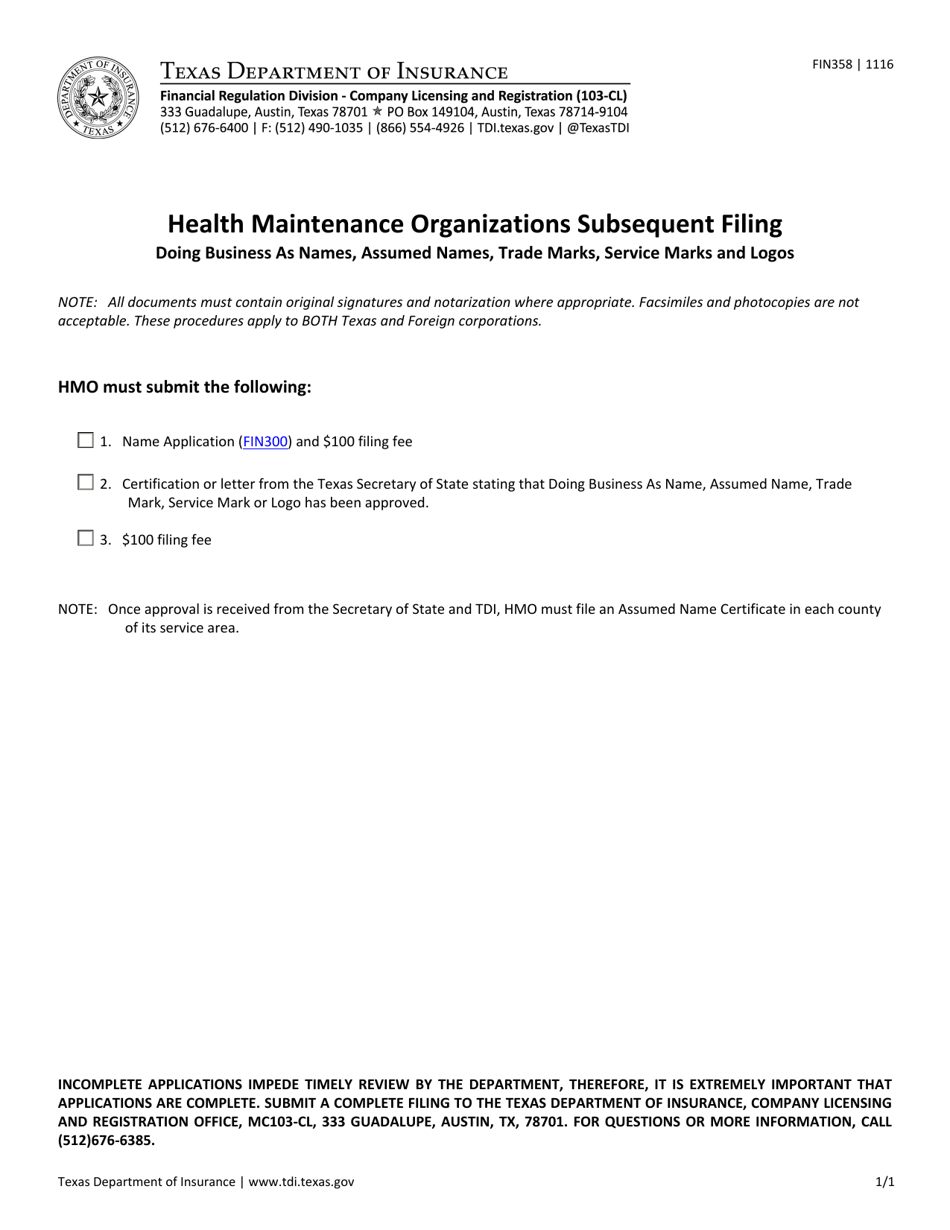 Form FIN358 HMO Dba Filing Checklist - Texas, Page 1