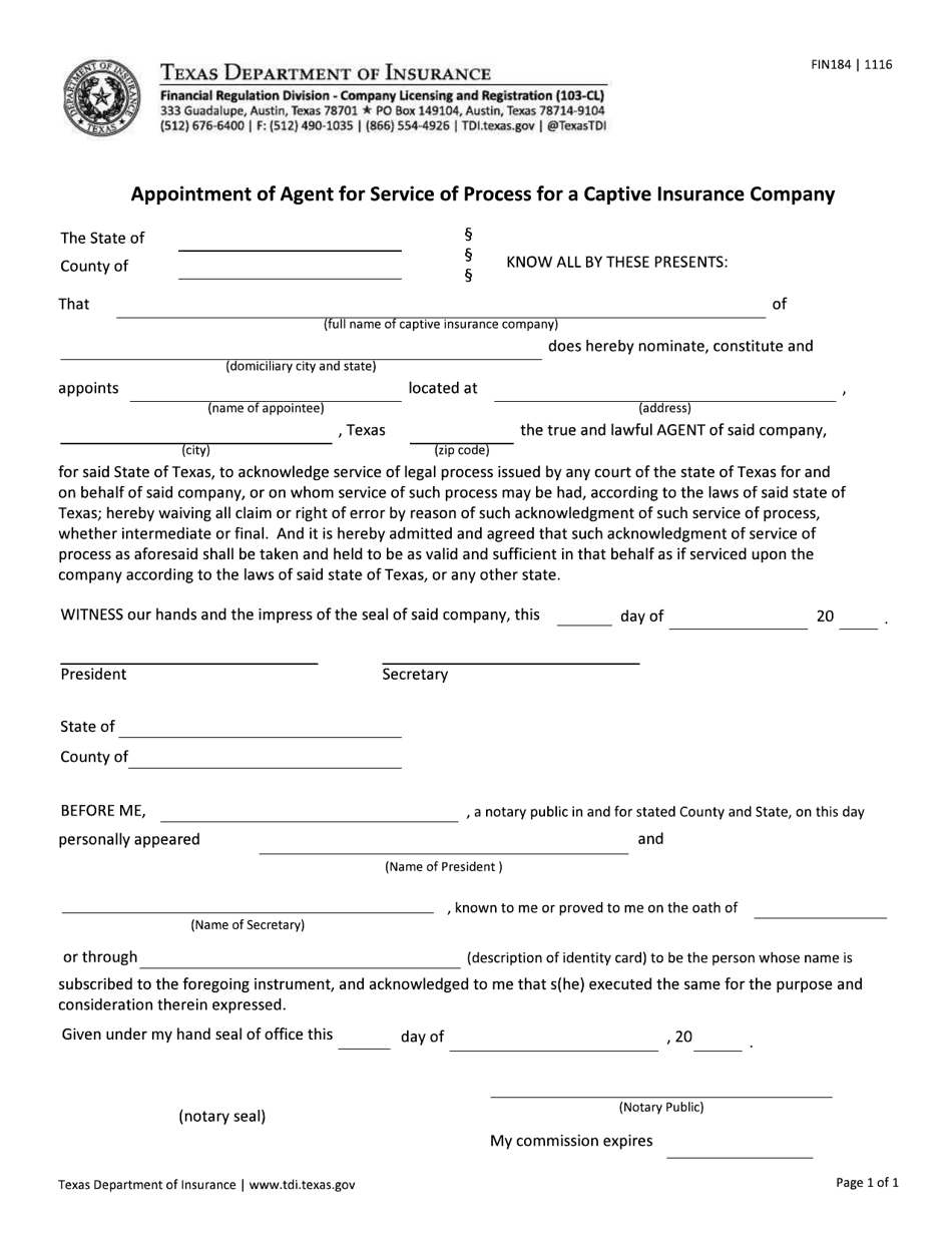 Form FIN184 Download Fillable PDF or Fill Online Appointment of Agent