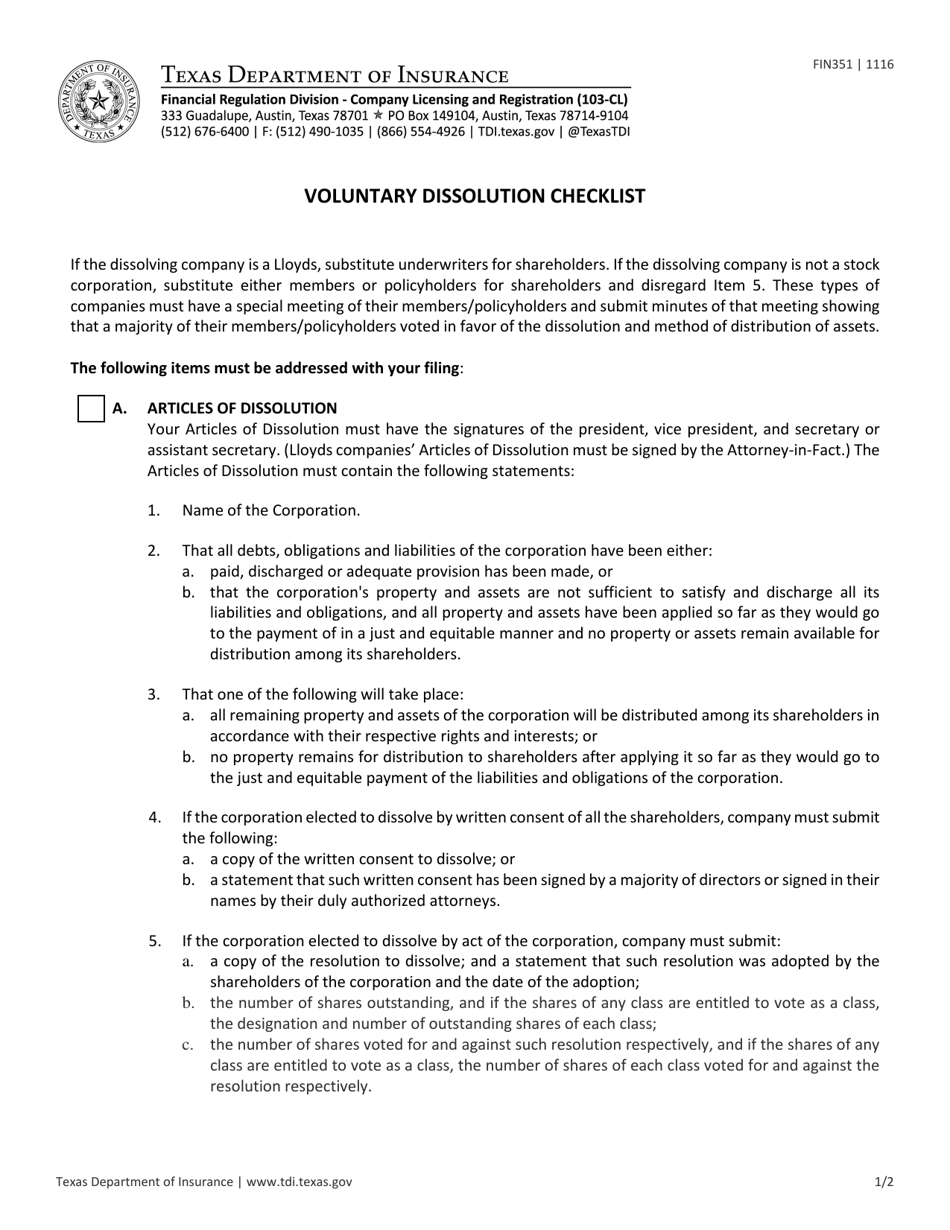Form FIN351 Voluntary Dissolution Checklist - Texas, Page 1