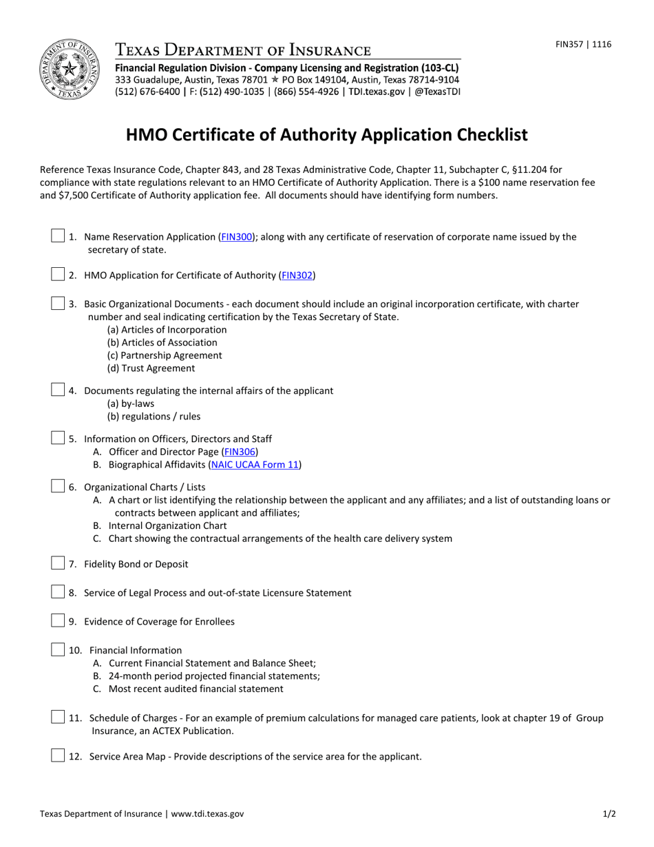 Form FIN357 HMO Certificate of Authority Application Checklist - Texas, Page 1