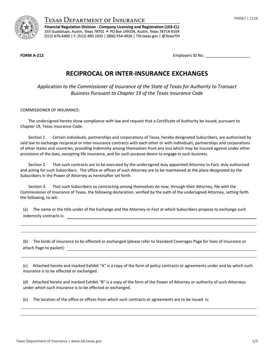 Form A-212 (FIN367) Reciprocal or Inter-Insurance Exchanges - Texas, Page 1