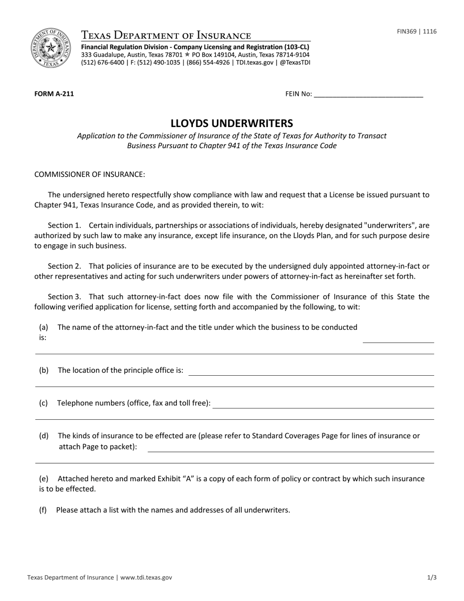 Form A-211 (FIN369) Lloyds Underwriters - Texas, Page 1