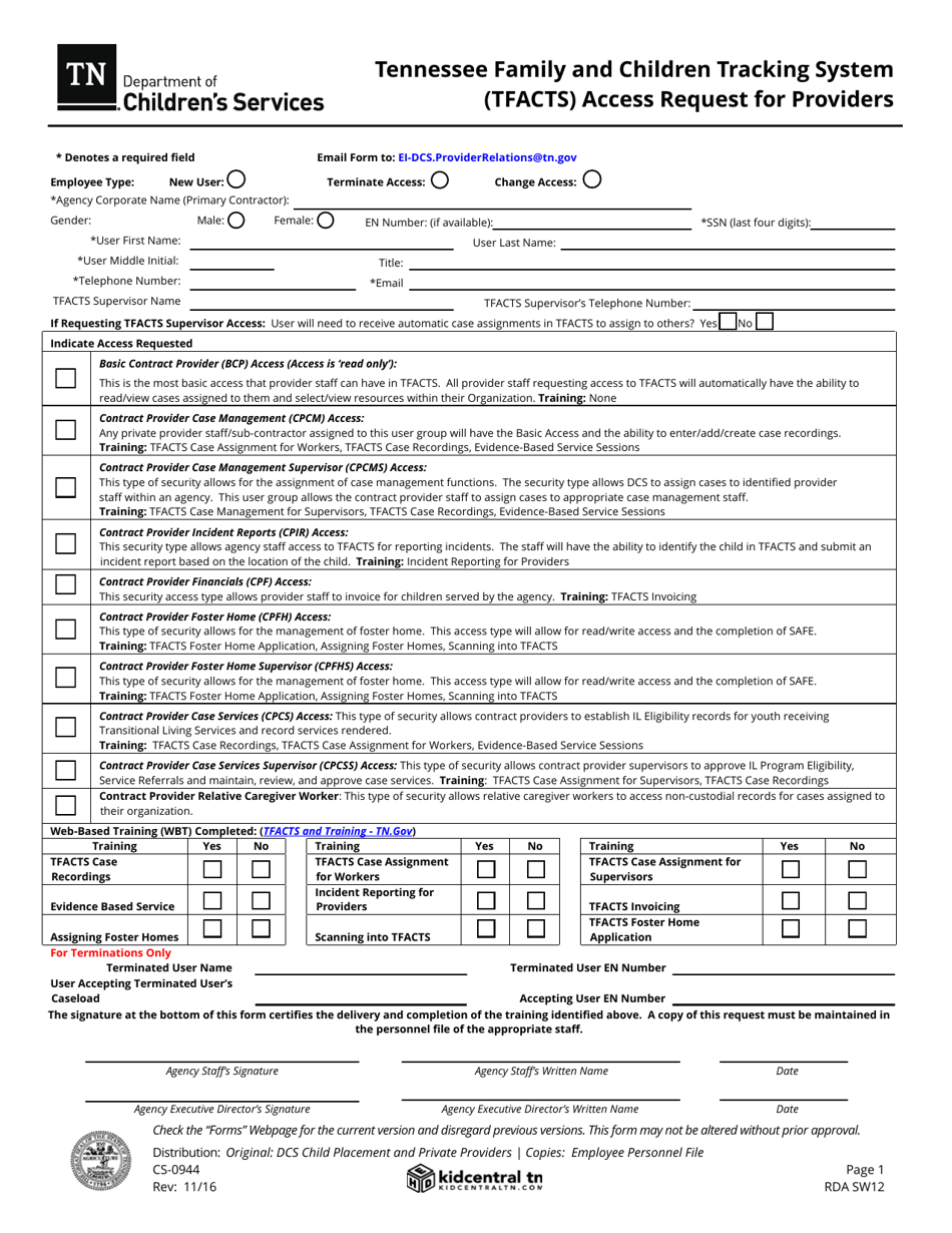 Form CS-0944 Tennessee Family and Children Tracking System (Tfacts) Access Request for Providers - Tennessee, Page 1