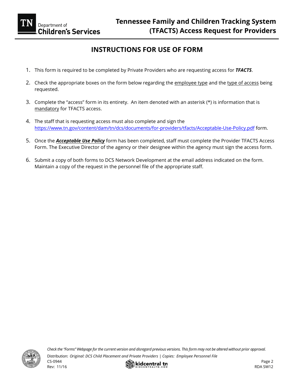 Form CS-0944 Tennessee Family and Children Tracking System (Tfacts) Access Request for Providers - Tennessee, Page 2