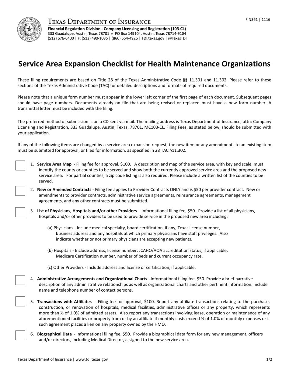 Form FIN361 Service Area Expansion Checklist for Health Maintenance Organizations - Texas, Page 1