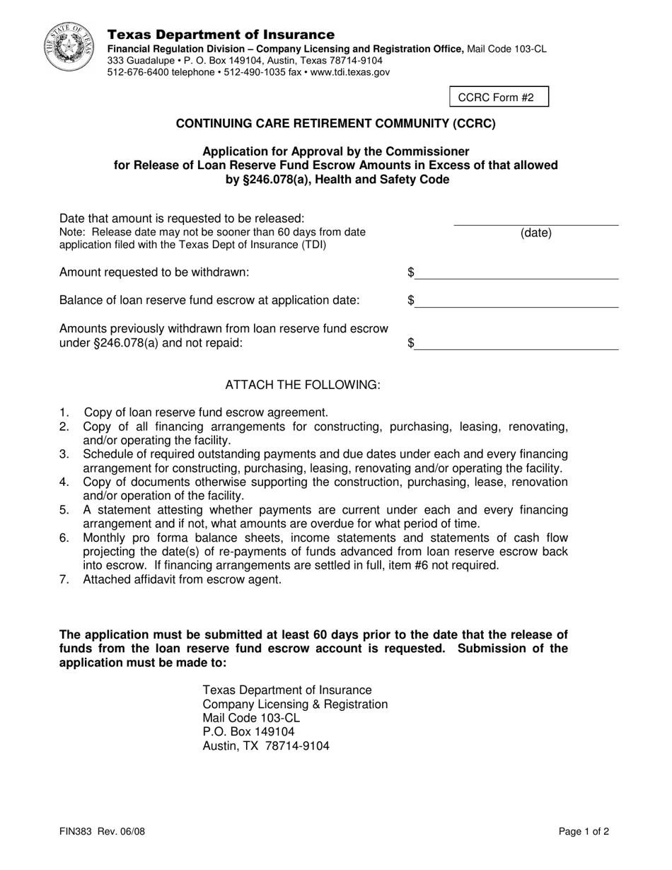 Form FIN383 (CCRC Form 2) Application for Approval by the Commissioner for Release of Loan Reserve Fund Escrow Account Amounts - Texas, Page 1