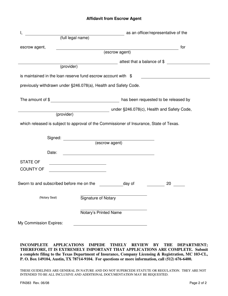 Form FIN383 (CCRC Form 2) Application for Approval by the Commissioner for Release of Loan Reserve Fund Escrow Account Amounts - Texas, Page 2